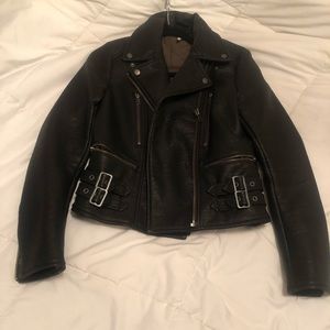Free People Dark Leather Jacket with Buckle Accents